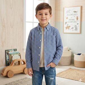 J Crew Factory Blue White Gingham Button Down Boy's  NWT Shirt 8
